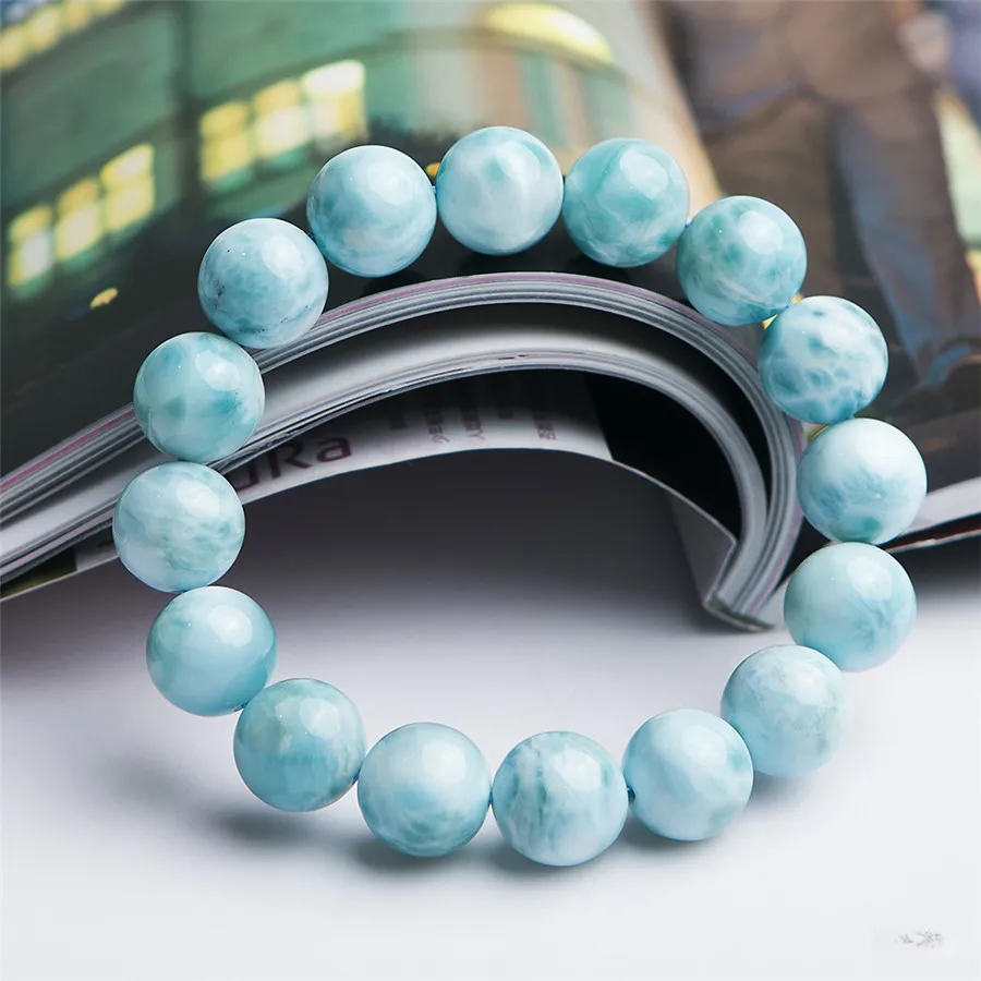 Dominica Genuine Blue Water Pattern Natural Larimar Bracelet Healing Gemstone Crystal Round Bead Bracelets For Women Men 13mm | Украшения и