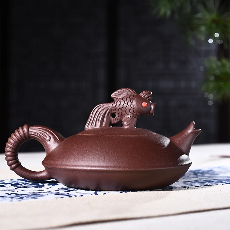 Исин Чайник Подлинная все ручной работы сырой руды фиолетовый грязи рыбы прыжок