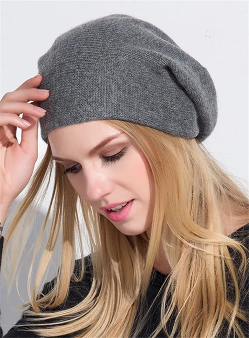 

high quality pure goat cashmere women new fashion thick crimping casual beanies hats caps neutral grey EU/M(56-58cm)