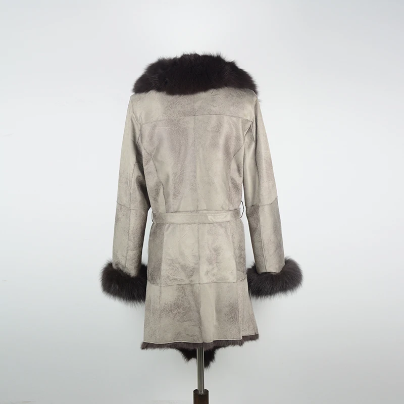 rf0232 Real Fur Shearling Coat Women Real Fox Fur Collar Natural Rabbit Fur Shearling Outwear