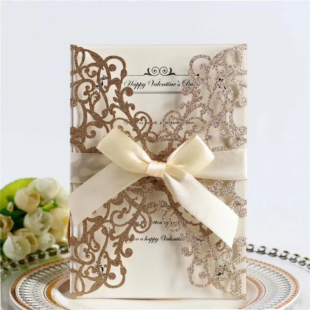 

10PCS Bowknot Glitter Invitations European Style Laser Cut Wedding Invitations Party Holiday Greeting Card Cover Card Invitation