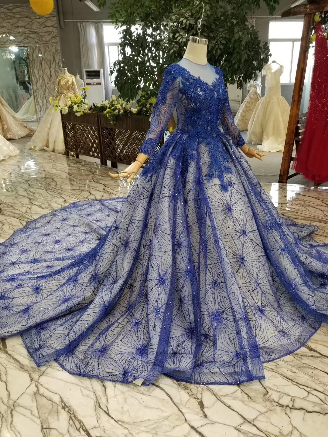 Женское кружевное бальное платье с длинными рукавами Vestido De Casamento голубое