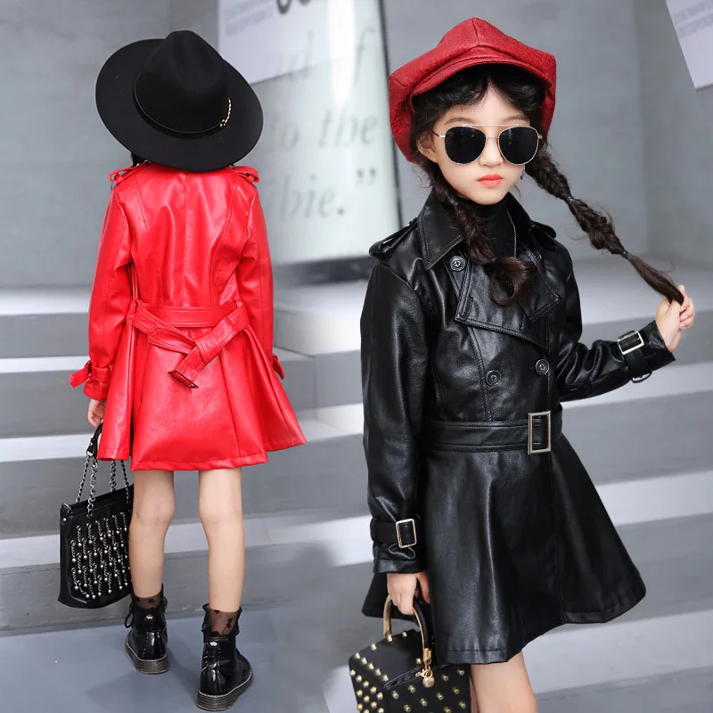 Весенне осенняя одежда из искусственной кожи для девочек 4 14 лет двубортное