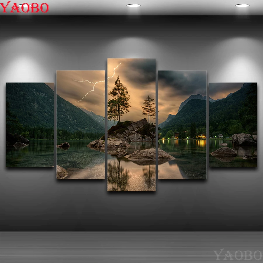 5 шт. горный озеро молния пейзаж алмазная живопись 5d diy полный квадратный круглый