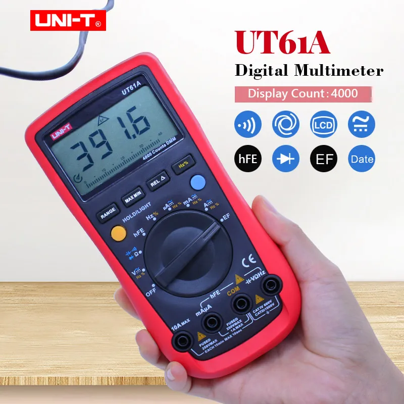 Digital Multimeter UNI-T UT61A;Data Hold AC DC volt Ampere meter;Ohm Capacitance Frequency tester;LCD Backlight /NCV/Diode test