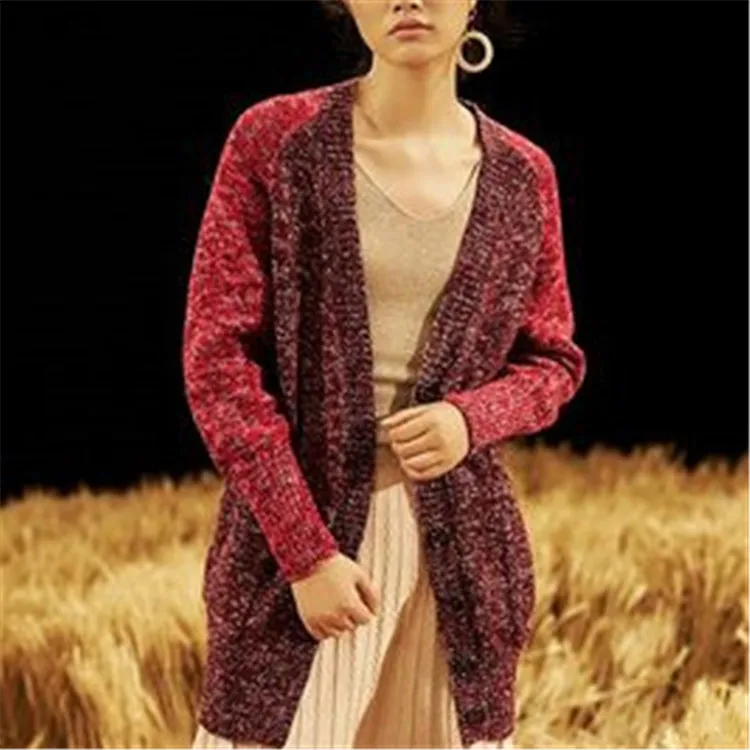

100% hand made pure wool Vneck knit women fashion printed long slim single breasted cardigan sweater one&over size