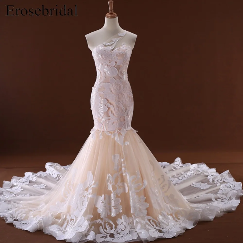 Женское свадебное платье Русалка цвета шампанского с большими аппликациями со