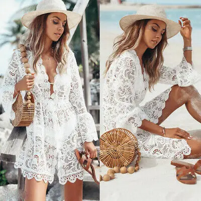 

Women Summer Bathing Suit V Neck Sexy Crochet Bikini Swimwear Cover Up Casual Beach Mini White Lace Dress