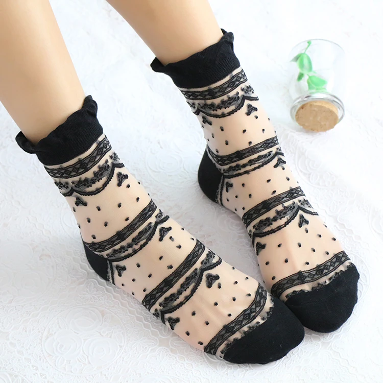 Novelty 5 Pairs/Lot Woman Spring/Summer Lolita Flower Polka Dots Cotton Socks Princess Wind Ultra Thin Transparent Crystal Meias