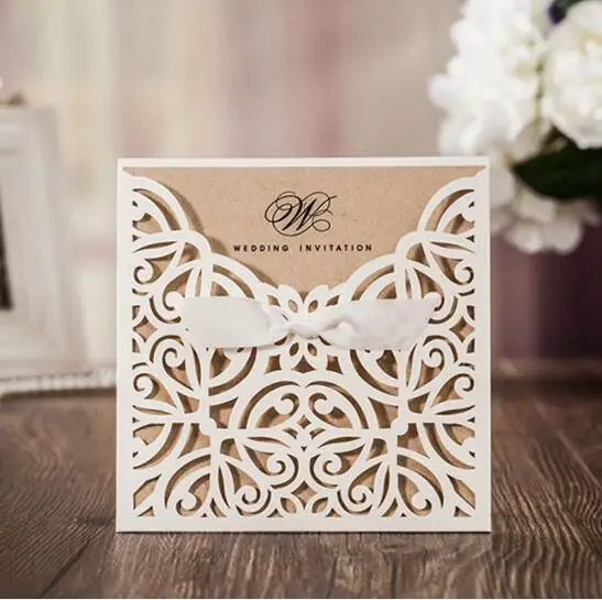 50pcs White Laser Cut Wedding Invitations Card Greet Personalized Custom With Ribbon Free Envelope &amp Seals Party Supplies | Дом и сад