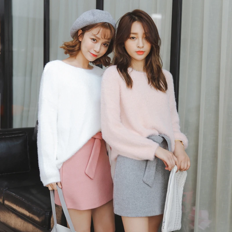 2019 Autumn and Winter Imitation Mink Cashmere Sweater Women Korean Drop-shoulder Loose Knitted Pullover Pink White Crop Tops | Женская