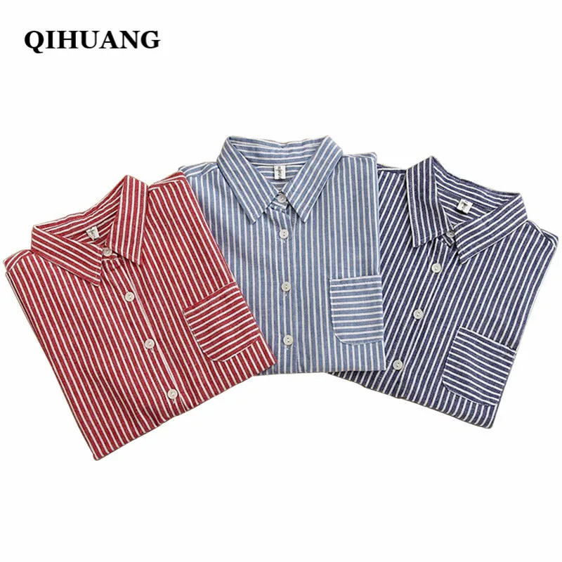 QIHUANG New Women Striped Shirts Blouses Work Shirt Loose Tops Female Long Sleeve Vintage Ladies Clothing |
