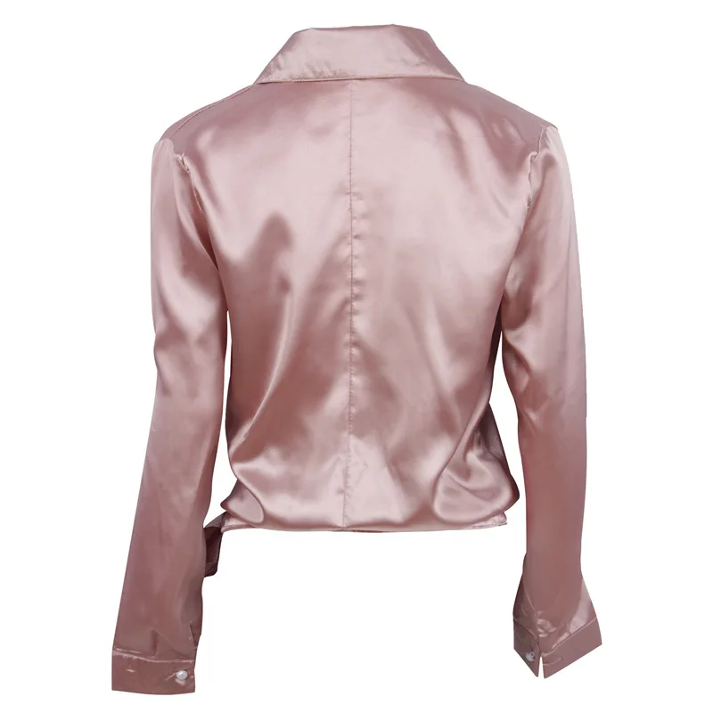 2019 Spring and Summer Tie Bow Blouse Coat Female V-neck Sexy Long-sleeved Solid Color Wild Loose |