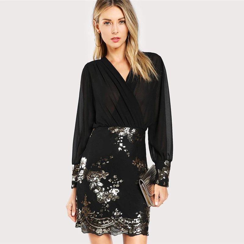 SHEIN Модное Платье Женское Осеннее Черное Элегантное Платье С V-Образным Вырезом И Длинными Рукавами