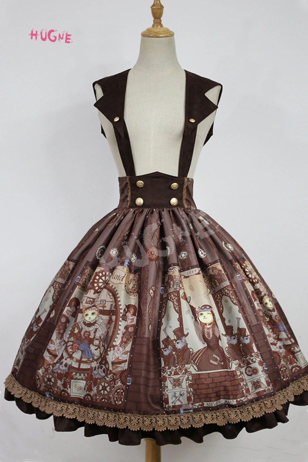 Steampunk Cat Series Lolita Printed Hugne Skirt with Detachable Sailor Collar by Soufflesong