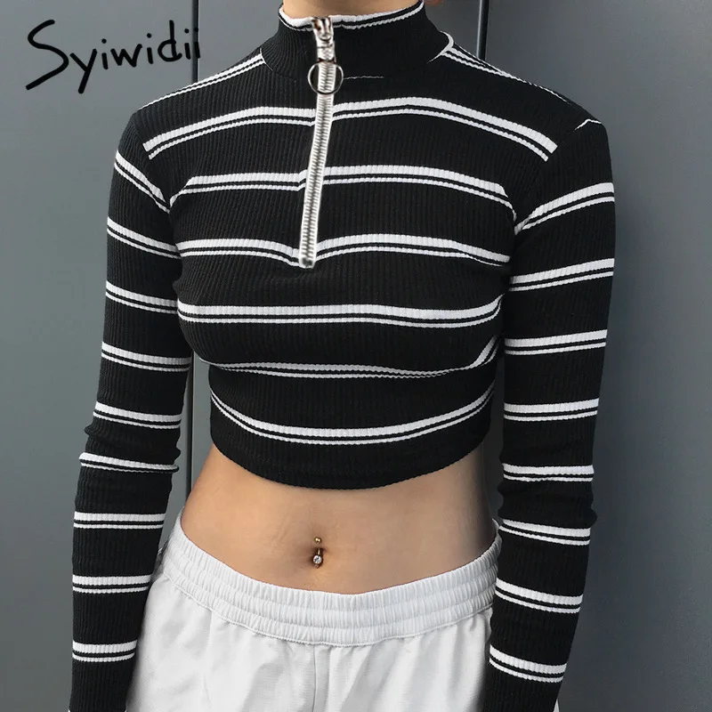 Crop Sweater Short Sweaters Fashion 2019 Women Black White Striped Long Sleeve Womens Zipper Turtleneck Plus Size S-XL | Женская одежда