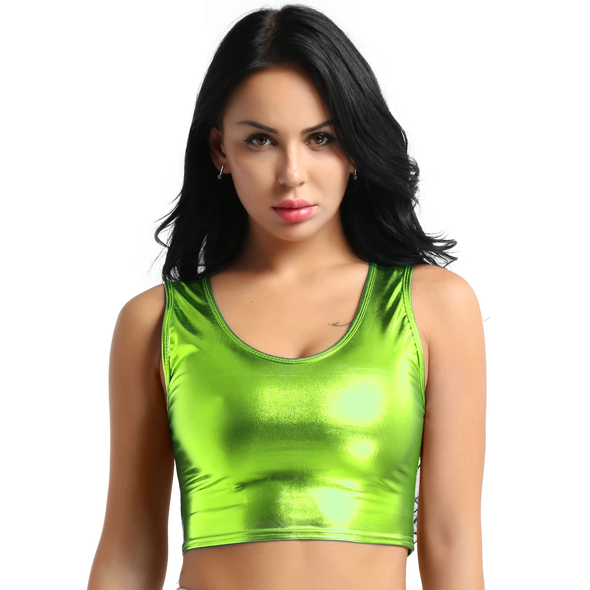 Fluorescent Green YiZYiF женский Блестящий укороченный топ, Клубная одежда, металлический топ с глубоким вырезом, майка, бюстье, блузка, рубашка, бикини, топы, бюстгальтер, сексуальное нижнее белье - Цвет: Fluorescent Green