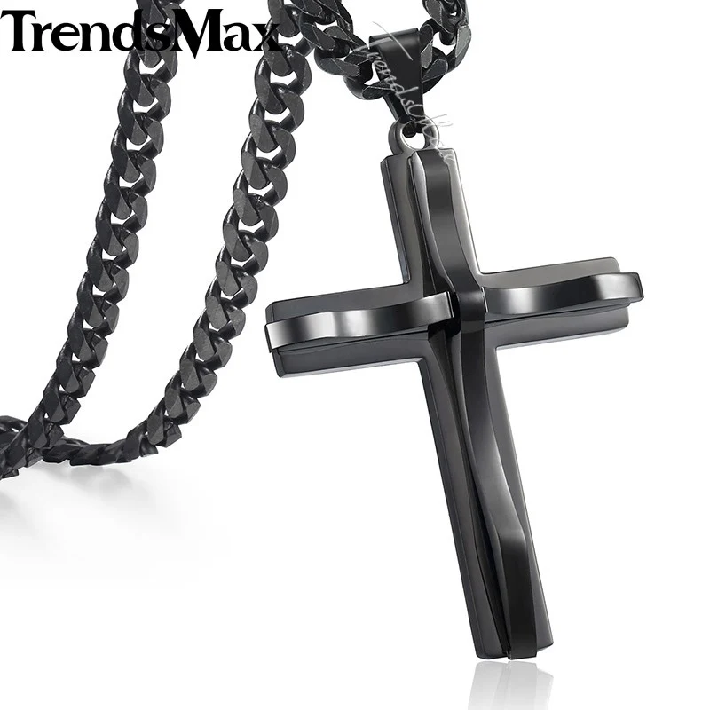 Black KP605 Trendsmax крест кулон ожерелье Мужская цепь из нержавеющей стали Снаряженная кубинская звено черный золотой серебряный цвет подарок ювелирные изделия KKPM137 - Окраска металла: Black KP605