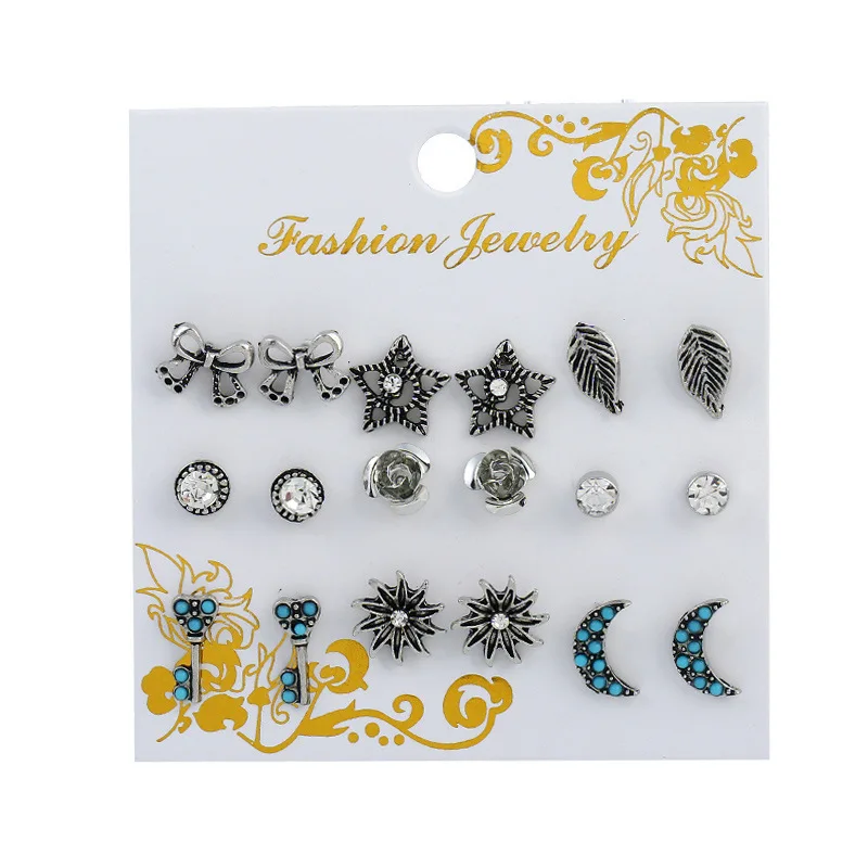 E171 9Pairs Set 7 пар/компл. сплав золота Цвет Смешанные Серьги в виде колец, Винтаж цепи Треугольники перо камень серьги набор для Для женщин Brincos, можно носить - Окраска металла: E171 9Pairs Set