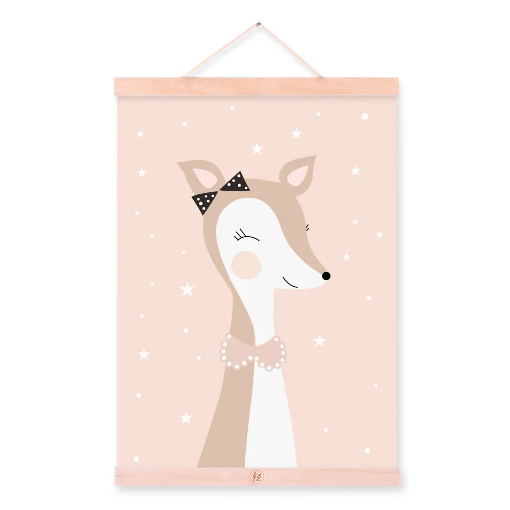 Kawaii, Мультяшные животные, олень, медведь, собака, деревянная рамка, холст, живопись, скандинавские, для детской комнаты, настенные художественные плакаты, домашний декор, картина, Свиток - Цвет: fox