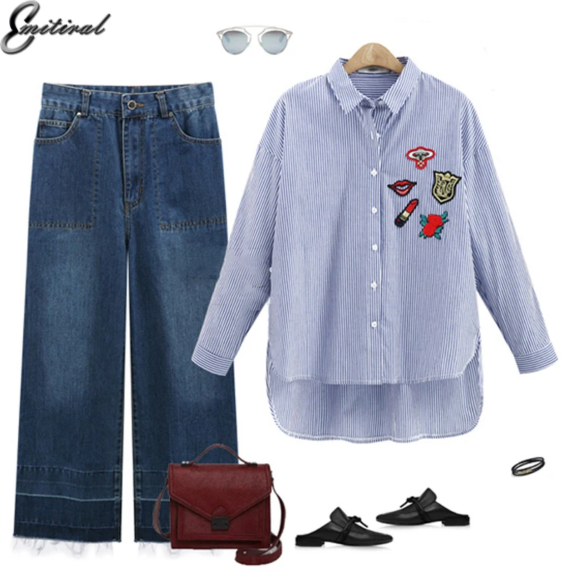 EMITIRAL 2017 осенние женские блузки полосатые строгие Цветочные губы элегантные 5XL с