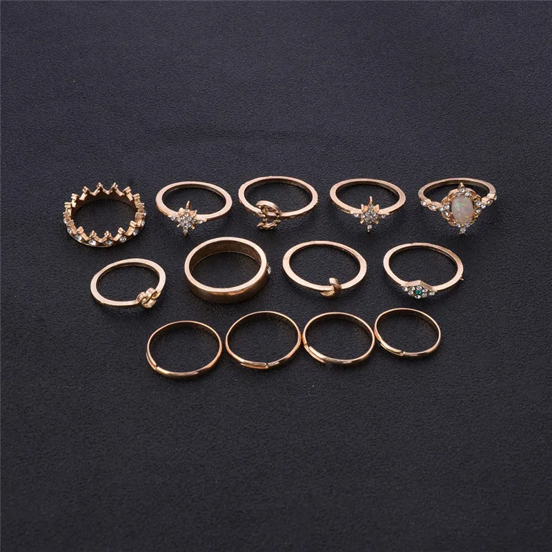 GIVVLLRY 13 pcs/set Star Moon Midi Rings Fashion Jewelry Minimalist Opal Rhinestones Crescent Crown Chic Knuckle for Women | Украшения и