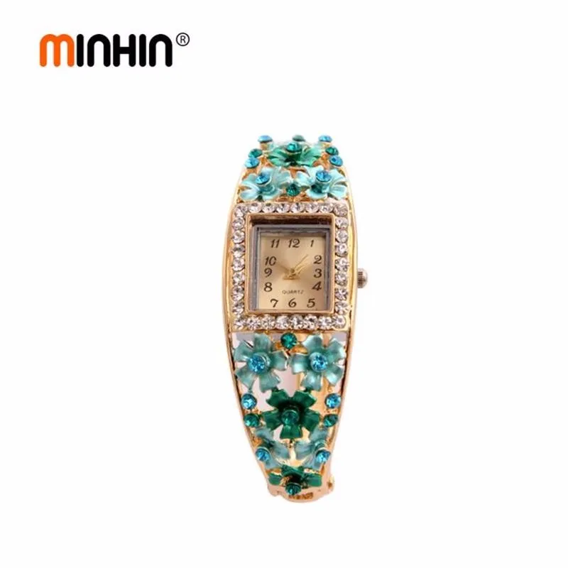 Часы MINHIN Brilliant, 5 цветов, браслет для женщин, золотой цвет, Хрустальный цветок, дизайн, Браслет-манжета, кварцевые часы, повседневные наручные часы