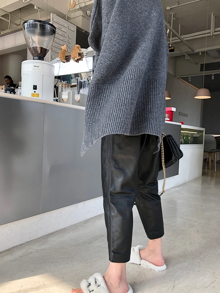 Women Ankle-Length Pants Genuine Sheep Leather Fashion Natural Genuine Sheep Leather Crop Jeans Harem Pants