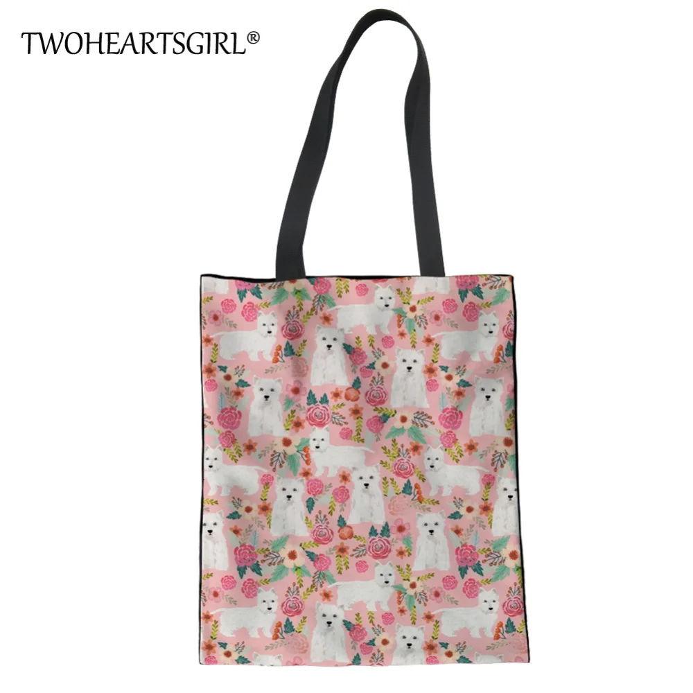 

Twoheartsgirl Floral Westie Canvas Handbags for Women Female Casual Tote Handbags Kawaii Teenager Girls Shopping Shoulder Bags
