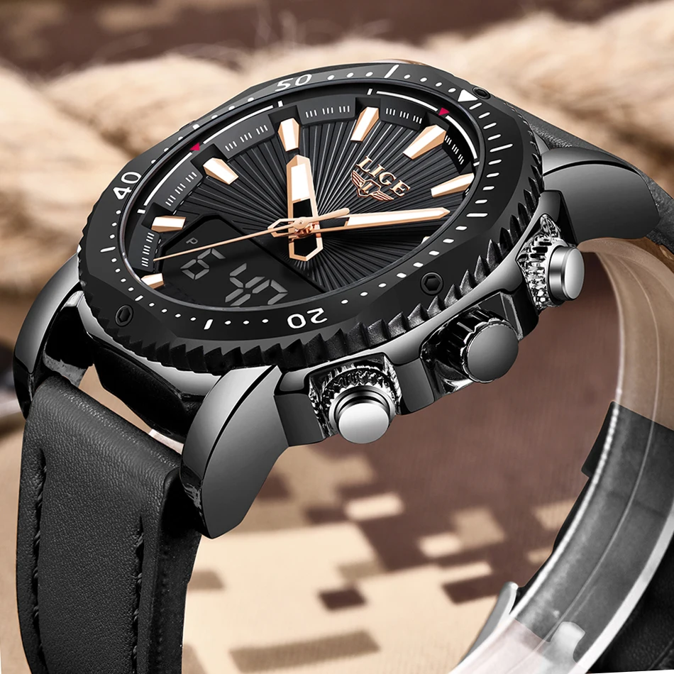Mens Watches Top Luxury Brand Genuine Leather Sports LIGE Men's Quartz LED Digital Clock Waterproof Military Wrist Watch |