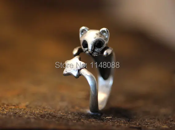 Women's Retro Kitty Cat Ring Star Tail Adjustable Free Size Black Crystal In the eyes Wrap Silver | Украшения и аксессуары