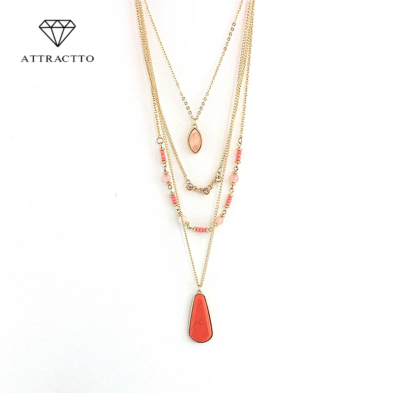 

ATTRACTTO NEW Waterdrop Green 3 Layer statement Necklaces 2019 Summer Pink Color Crystal Beads Women Necklace Colar Sne160102