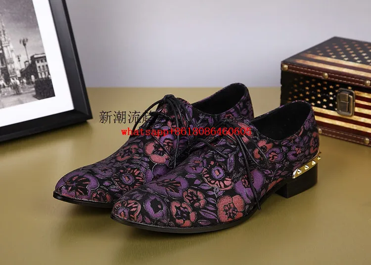 Men leather shoes nubuck purple spiked loafers dress wedding mens pointy velvet slippers flower printing oxford flats | Обувь