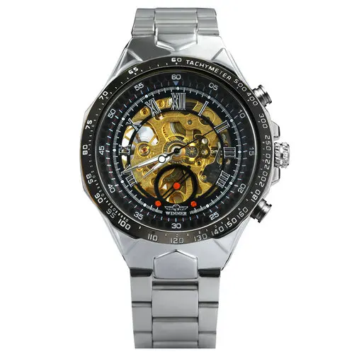 SILVER BLACK GOLD T-WINNER часы, мужские автоматические механические стальные мужские часы, Топ бренд, роскошные золотые наручные часы со скелетом, популярные мужские часы - Цвет: SILVER BLACK GOLD