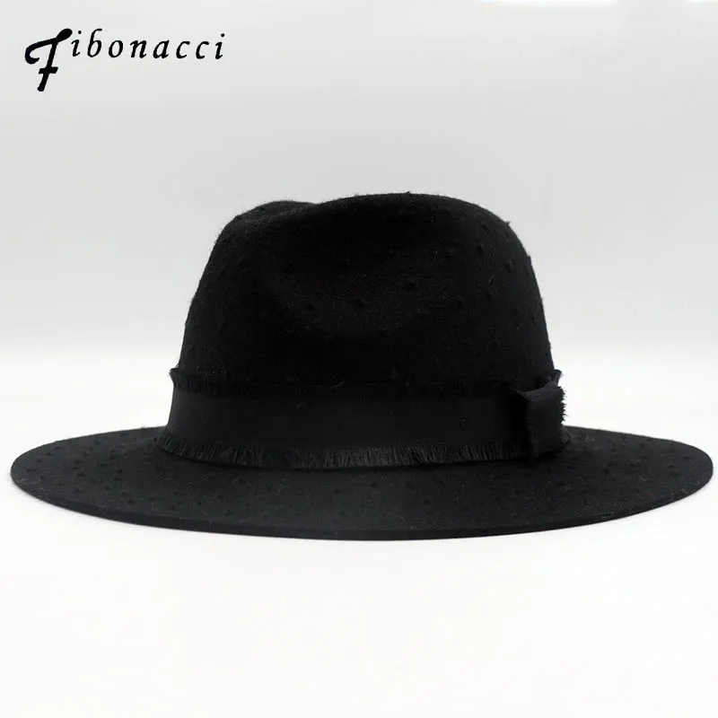 

Fibonacci Classic Black Fedora Wide Brim Simple Church Derby Top Hat Panama Solid Felt Fedoras Hat for Men Women Wool Jazz Cap