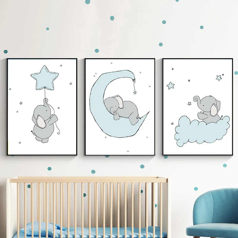 Modern Light Blue Wall Art Elephant Nursery Canvas Painting Funny Animal Posters and Prints Pictures for Living Kids Room Decor | Дом и сад