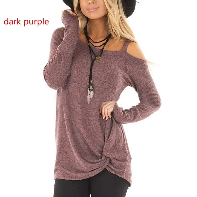 

Autumn spring Casual Loose Long Sleeve t-shirts Classics Cold Shoulder Solid Color female Tees Tops