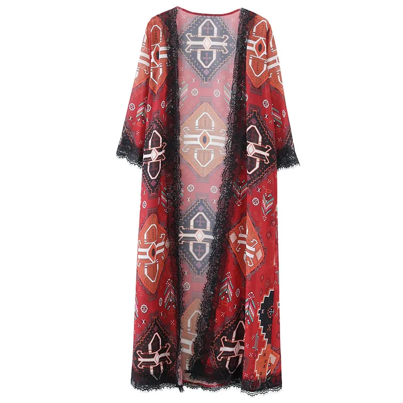 Модный шифоновый кружевной длинный кардиган с принтом Ретро винтажная шаль