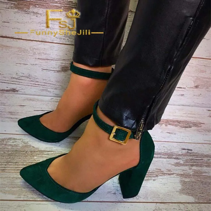 

Women's Green Chunky Heels Ankle Strap Heels Pointed Toe Pumps Summer Anniversary Attractive Women Shoes Fashion FSJ Elegant