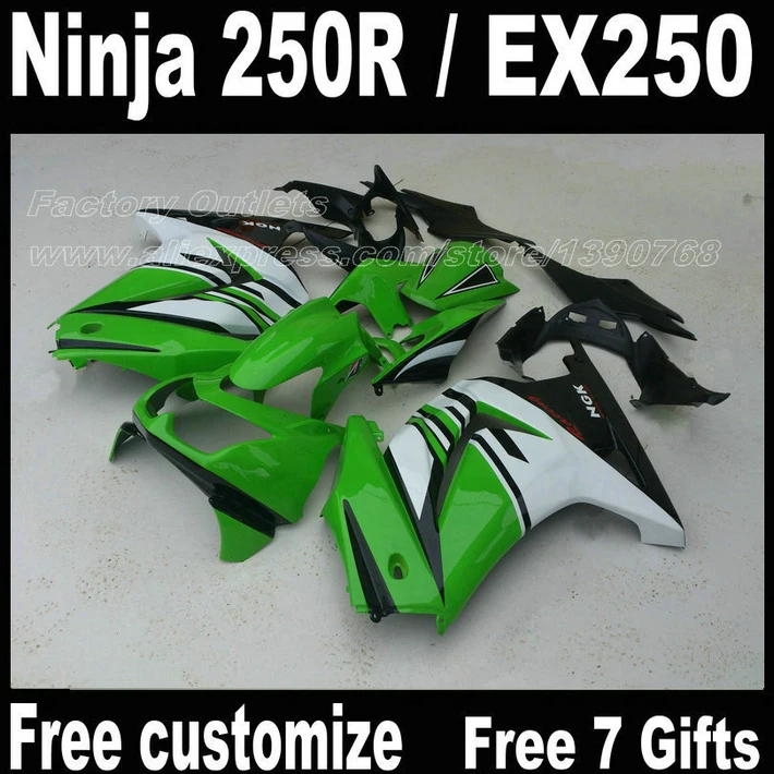 

Fairings for Kawasaki Ninja 250R 2008 - 2013 2014 EX250 08 09 10 11 12 13 14 ZX250 black green white fairing kit FT20