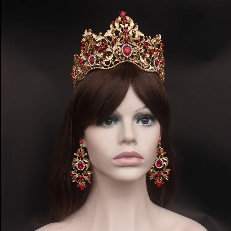 Red Clip Earrings Винтажные золотисто-зеленые свадебные аксессуары для волос, сплав, свадебные диадемы, стразы в стиле барокко, корона, Красный Кристалл, диадема, короны с серьгами - Окраска металла: Red Clip Earrings