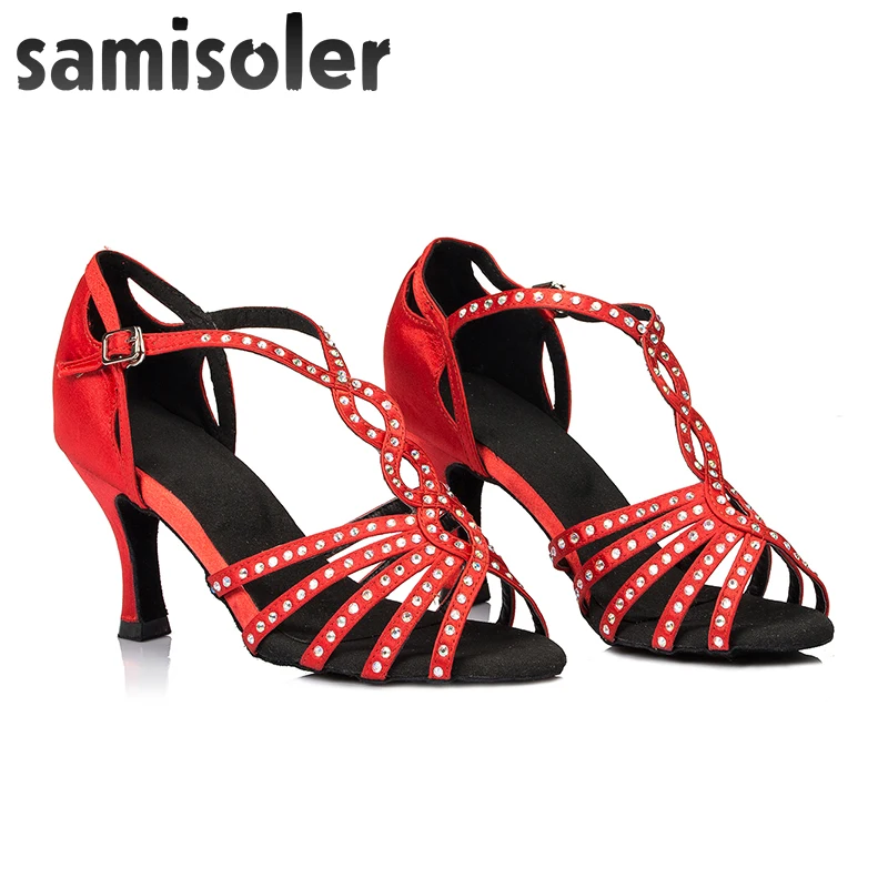 Samisoler R/Brown/Black New Cloth Collocation Shine Ribbons Ballroom Fashion Rhinestone Dance Women Latin Competition Shoes