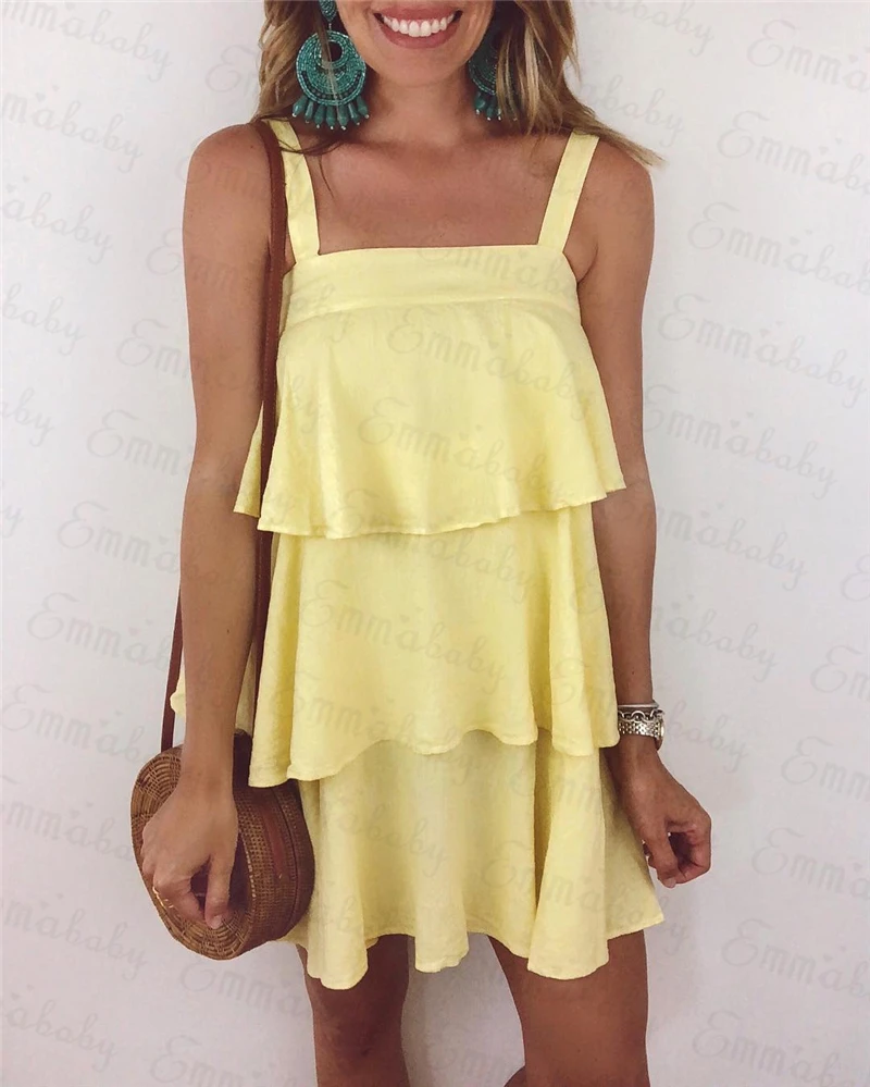 Sexy Woman Boho Solid Sleeveless Cascading Ruffle Party Evening Summer Beach Short Mini Dress | Женская одежда
