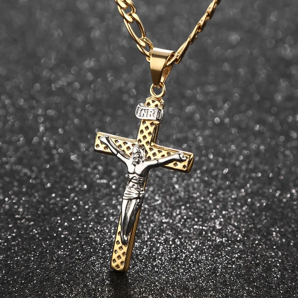 Catholic Jesus Christ on Cross Crucifix Stainless Steel Pendant Necklace 24&quot Curb Chain for Men Women | Украшения и
