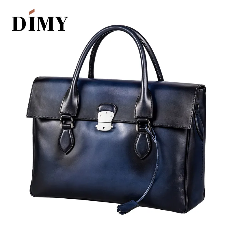 Blue DIMY итальянский Тренто телячья кожа портфели мужские ручной патина сумки винтажные сумки на плечо для ноутбука патч-рабочая сумка D-9041 - Цвет: Blue