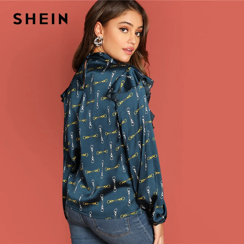 SHEIN Атласный Топ С Модным Платочным Принтом И Вырезом Под Горло, Элегантная Блузка Для Офиса, Женские Топы С Рюшами Блузки С Длинным Рукавом