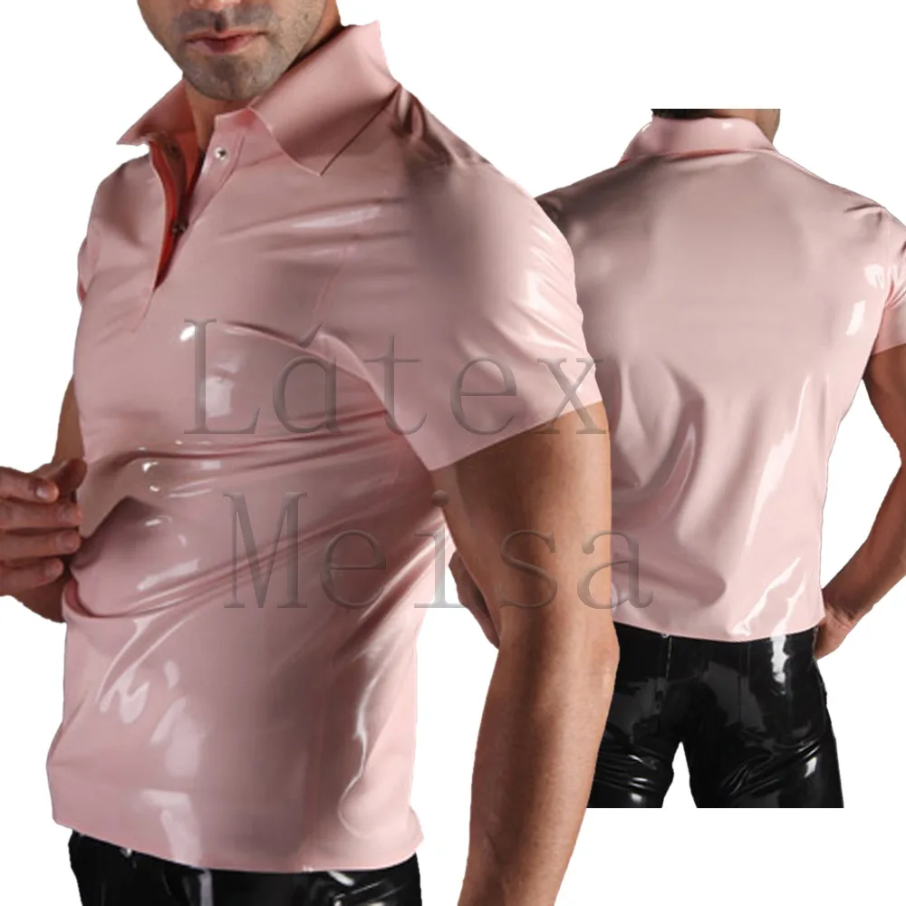 Men's latex blouse short sleeve with turn-down design in pink color