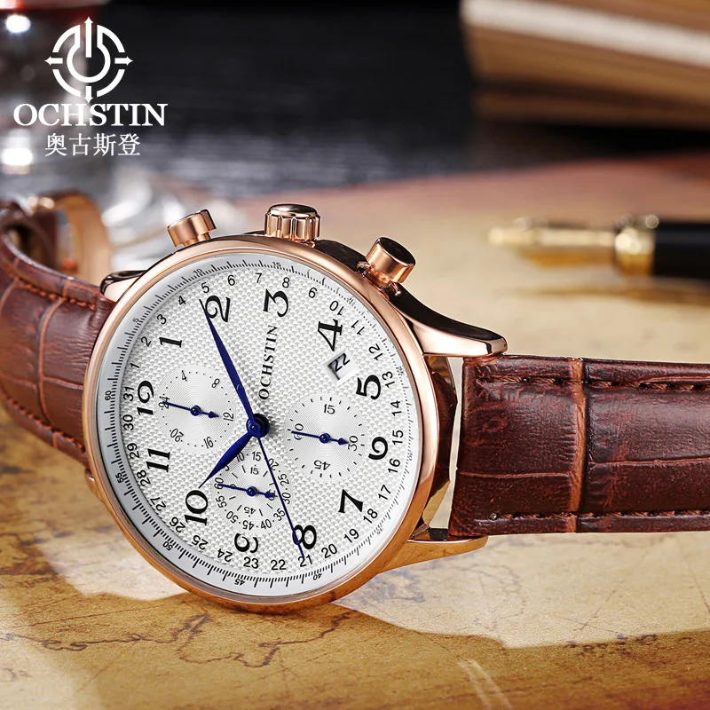 OCHSTIN мужские часы с хронографом спортивные кожаным ремешком кварцевые