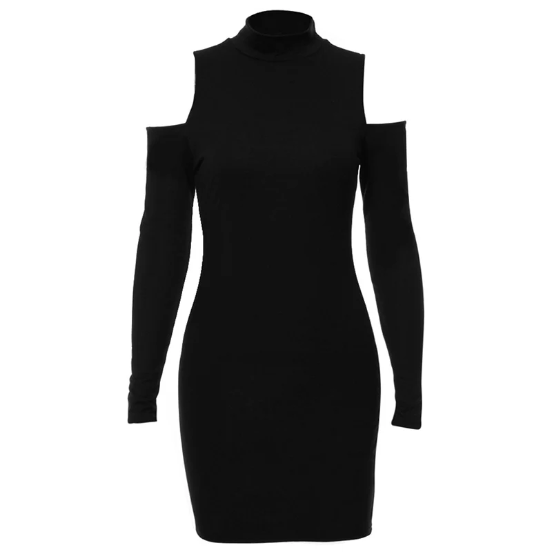 Женское осеннее платье с открытыми плечами длинным рукавом и высоким воротником