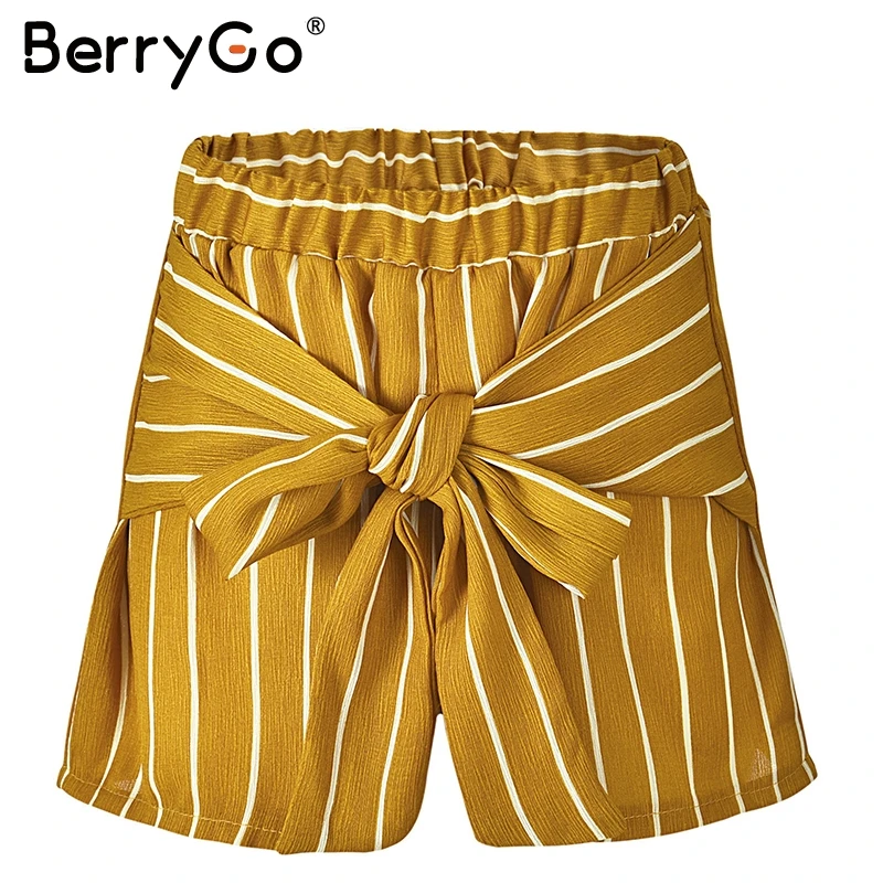 BerryGo Повседневное полосатый желтый Шорты женские летние пляжные Свободные шифон